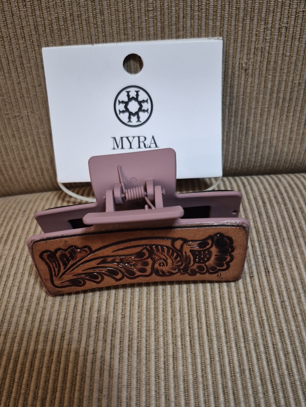 Myra Bag Mauve Hair Claw with Carved Brown Accent